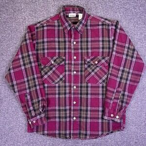 VTG 70s Flannel Shirt Mens M Red Plaid Long Sleeve Button Work Guardian USA Made